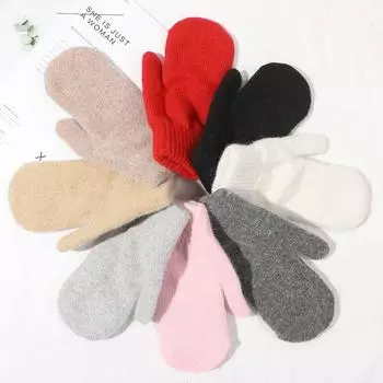 Теплые зимние варежки из кроличьей шерсти, однотонные женские и женские зимние перчатки, двухслойные варежки со всеми пальцами, мягкие плюшевые перчатки чёрный