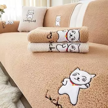 Теплый чехол для дивана из кашемира, плюшевый диван с вышивкой в виде мультяшного кота, толстый коврик, подушка для дивана на зиму, чехлы для диванов для гостиной 70x70cm 1pcs