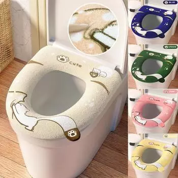 Теплый чехол на сиденье для унитаза с милым мультяшным котом и ручкой, утолщенный плюшевый коврик для унитаза, универсальная подушка для унитаза, аксессуары для ванной комнаты синий