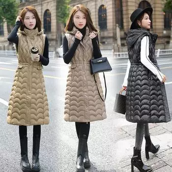 Теплый европейский хлопковый жилет, женский с капюшоном, средней длины, зимний, плечо к плечу, жилет-куртка для ношения M чёрный