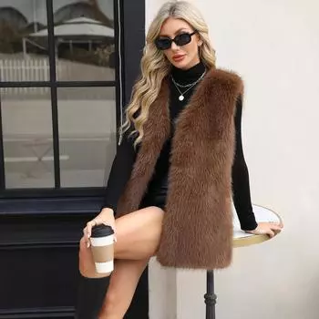 Теплый и модный жилет из искусственного меха лисы и искусственного плюша S чёрный