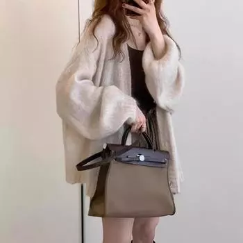 Теплый и мягкий вязаный кардиган средней длины из вощеного мохера для женщин на весну и осень. Свободный свитер в ленивом стиле. Тонкий топ. One size