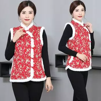 Теплый и шикарный жилет с принтом и пальто с пряжкой в стиле ретро для женщин XXL красный