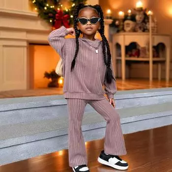 Теплый и удобный эластичный костюм-двойка с капюшоном и расклешенными брюками для девочек, детский повседневный костюм 1-2Y