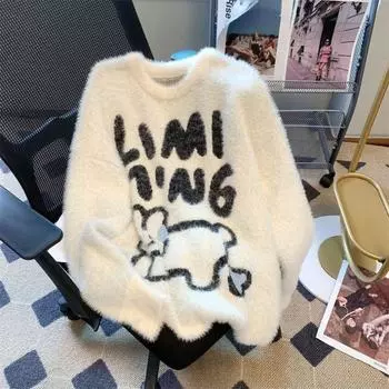 Теплый и удобный свободный трикотаж с мехом норки для женских зимних нарядов L белый