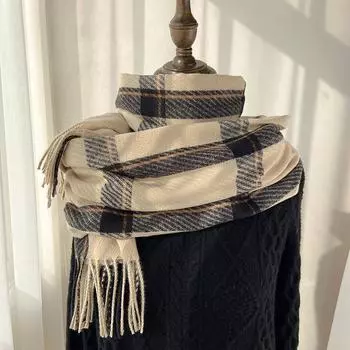 Теплый клетчатый шарф, женский осенний шаль из искусственного кашемира с кисточками чёрный