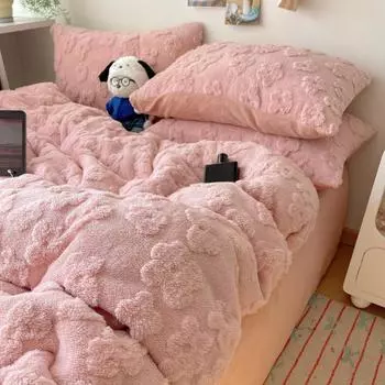 Теплый комплект из четырех предметов из хлопкового флиса Yunduo Huashu, комплект из трех предметов из резного кораллового флиса 1.2m bed