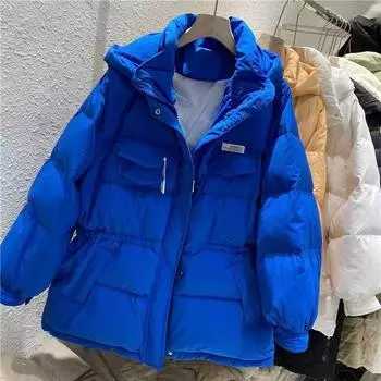 Теплый модный синий пуховик для женщин, пальто средней длины в корейском стиле с дизайном «хлеб», подходит для миниатюрных девочек M
