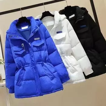 Теплый модный синий пуховик для женщин, пальто средней длины в корейском стиле с дизайном «хлеб», подходит для миниатюрных девочек S
