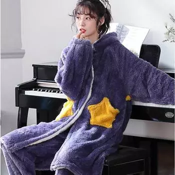 Теплый мультяшный халат с капюшоном и штанами, женский пижамный комплект, утолщенная плюшевая одежда для сна из кораллового флиса, комплект зимней домашней одежды больших размеров S