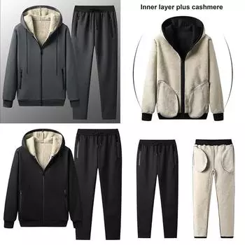 Теплый мужской комплект из овчины, теплая толстая куртка с капюшоном + брюки, комплект из 2 предметов, мужские кашемировые толстовки с капюшоном на молнии, спортивный костюм для мужчин, большой размер 4XL M чёрный