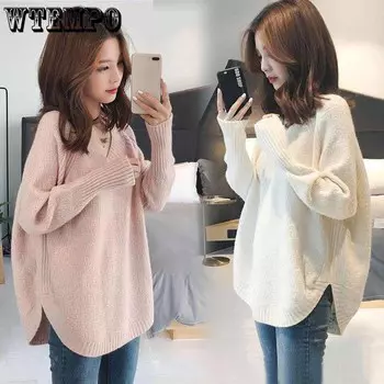 Теплый осенне-зимний женский джемпер с длинными рукавами, вязаный топ, базовый зеленый повседневный тонкий женский пуловер с воротником OneSize белый