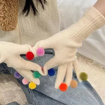 Теплый пушистый шарик, перчатки с пятью пальцами, вязаные защитные перчатки для сенсорного экрана, женские белый