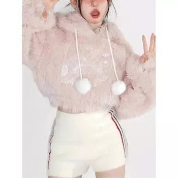 Теплый розовый свитер Лолита Каваи Женский свободный японский сладкий волшебный топ с капюшоном Женский длинный рукав Корейский свитер Зима 2024 Новинка S розовый