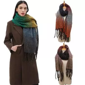 Теплый шарф с цветочным градиентом, осенняя и цветная зимняя женская шаль с кисточками, клипса 185*65+10cm