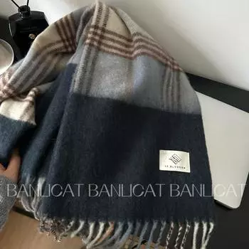 Теплый шарф с кисточками Banlicat White & Blue Plaid Tassel - шаль унисекс осень/зима