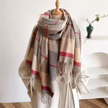 Теплый шарф-шаль в клетку из британского искусственного кашемира с бахромой, универсальный, унисекс 208X70cm (with tassel)