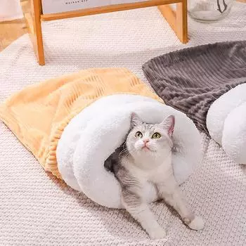Теплый спальный мешок для кошек Мягкая кошачья кровать Удобный туннель для кошек Закрытый домик для кошек Милое кошачье гнездо Аксессуары для кошек 45x35cm бежевый
