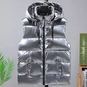 Теплый стеганый жилет, мужская новая мода, толстые черные куртки без рукавов, осенне-зимнее пальто на молнии с капюшоном, мужской жилет больших размеров M серебряный