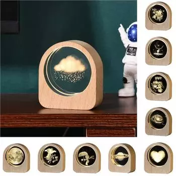 Теплый свет 3D гравированная лампа Деревянная основа Plug and Play Деревянный хрустальный ночник Декоративный лазерная гравировка