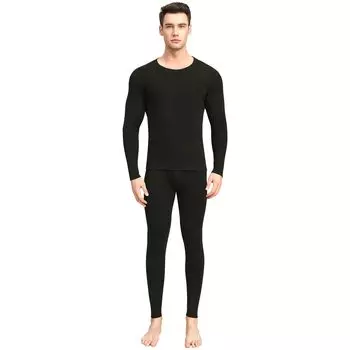 Теплый внутренний верх и низ для холодной погоды, длинный рукав, длинное термобелье [Barifall] Мужской комплект, нижнее белье, техника, рубашка, колготки, BK-2XL чёрный
