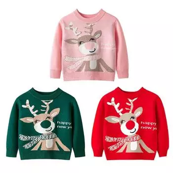 Теплый вязаный свитер для детей 1-6 лет, детский милый пуловер с рождественским принтом, свитшот с круглым вырезом, Рождественский свитер 100