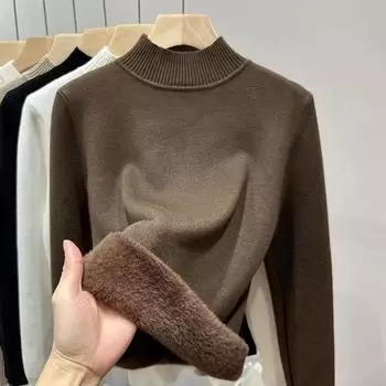 Теплый вязаный свитер с длинным рукавом и высоким воротником на осень и зиму, на основе плюша и толстого бархата, женские свитера, элегантные однотонные женские пуловеры 24870 One Size белый
