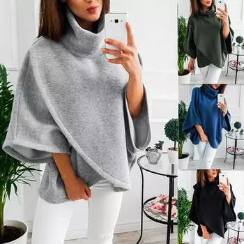 Теплый женский однотонный плащ, накидка с черепаховым вырезом и рукавами «летучая мышь», джемпер, пончо M синий