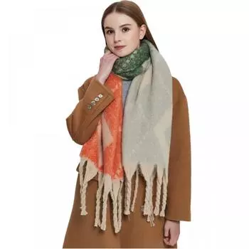 Теплый женский шарф, осенне-зимняя толстая ромбовидная шаль с имитацией мохера с кисточками чёрный