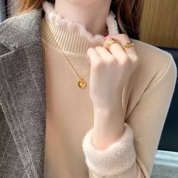 Теплый женский утепленный флисовый пуловер с полувысоким воротником на зиму L