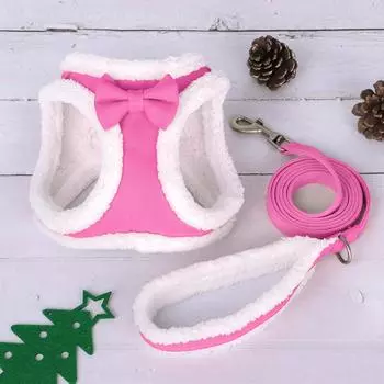 Теплый зимний комплект из шлейки и поводка для собак, мягкий меховой жилет для щенков, шлейка с поводком, милый галстук-бабочка, шлейка для кошек и домашних животных, пояс для прогулок XS розовый