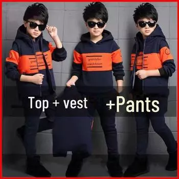 Теплый зимний костюм-тройка для мальчиков и девочек: Включает толстовку и одежду на бархатной подкладке для детей 4–9 лет. 160 yards красный