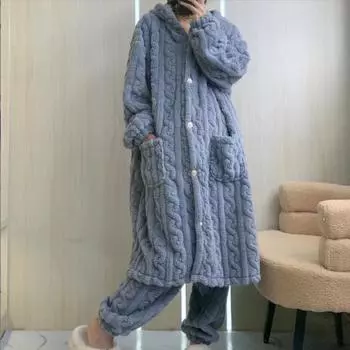 Теплый зимний женский банный халат из 2 предметов, коралловый бархатный банный халат для женщин, свободная ночная рубашка с капюшоном, кимоно, фланелевый халат M