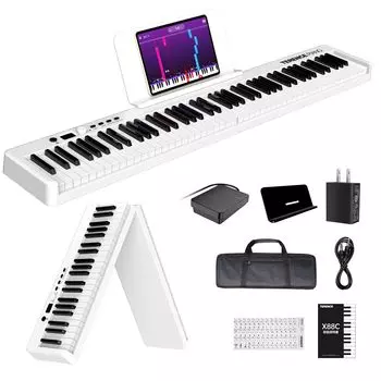 TERENCE Electronic 88 Foldable Touch Response MIDI Digital Folding Piano with Perfect for Suitable for Japanese Instruction Manual White Piano, Keys,