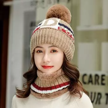 Термальная вязаная шерстяная шапка, женский осенне-зимний универсальный теплый велосипедный шарф на флисовой подкладке, защита от холода, комплект из двух предметов