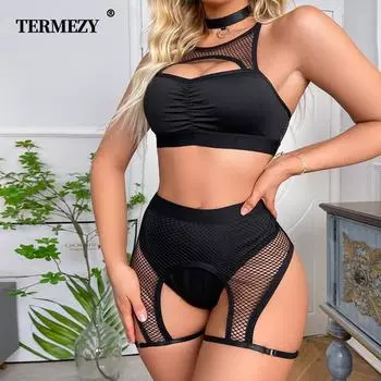 TERMEZY, новый сексуальный комплект с бюстгальтером, женское нижнее белье с сетчатыми вставками и эффектом пуш-ап, ажурное искушение, стринги, нижнее белье S чёрный