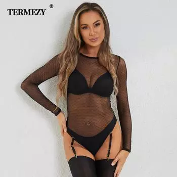 TERMEZY облегающее боди с длинными рукавами, женский кружевной прозрачный женский пуловер, черные сексуальные боди, женский пуловер, повседневные комбинезоны S чёрный