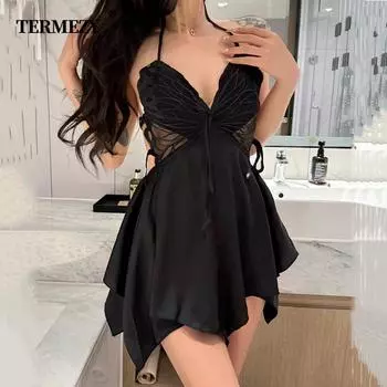 TERMEZY Женская сексуальная пижама с бантом, новая ночная рубашка из ледяного шелка, домашняя одежда, атласная отделка, искушение, пижама с открытой спиной M белый