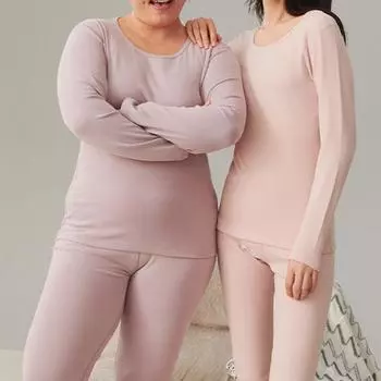 Термобелье из хлопка, утолщенное, большого размера, женский костюм, двусторонний, с начесом, круглый вырез, зима M чёрный