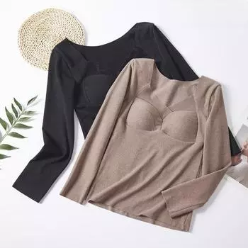 Термобелье из немецкого бархата с большим V-образным вырезом для женщин, с нагрудными подушечками, длинными рукавами, французским стилем, фиксированными чашками, шлифованное, самонагревающееся. XL чёрный