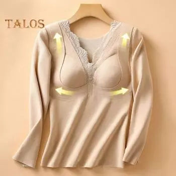 Термобелье с встроенными нагрудными накладками, двухслойный бархат DE, утепляющий свитер с длинными рукавами, однотонная зимняя верхняя одежда XXL абрикосовый