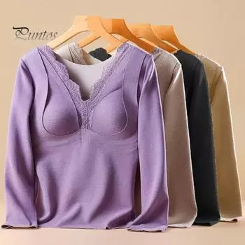 Термобелье с встроенными нагрудными накладками, двухслойный бархат DE, утепляющий свитер с длинными рукавами, однотонная зимняя верхняя одежда L кофейный