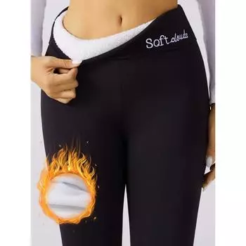 Термобрюки с плюшевой подкладкой, широкий пояс с монограммой, утягивающие эластичные обтягивающие брюки, зима S чёрный