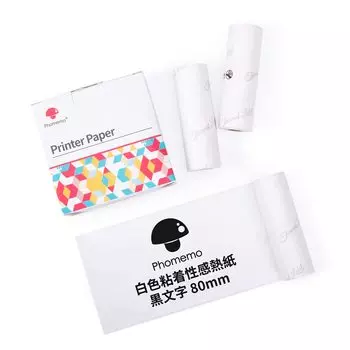 Термобумага Phomemo Adhesive, ширина 80 мм, черный текст, 3 рулона, длина каждого рулона, хранение 2, совместима с портативным термопринтером Phomemo, используется в течение 3,5 млн лет,