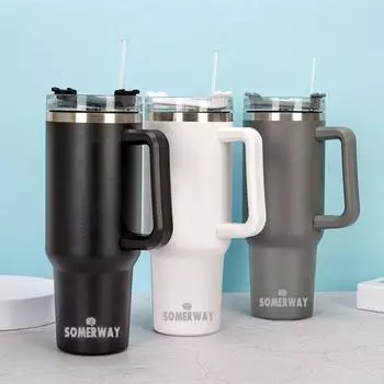 Термочашка на 40 унций, стакан из нержавеющей стали с вакуумной изоляцией и многоразовой соломинкой для путешествий, домашнего офиса серый