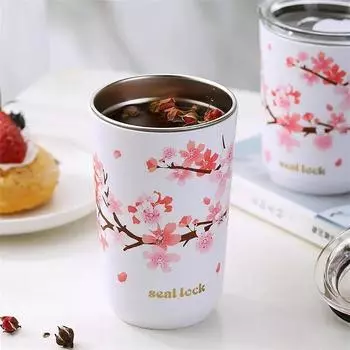 Термокружка из нержавеющей стали 304 Cherry Blossom с пылезащитным покрытием, переносная, герметичная, для лета, для чая и воды 301-600ml