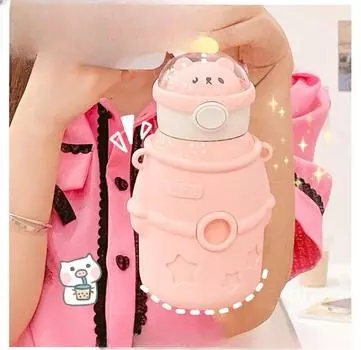 Термокружка из нержавеющей стали 304, детская кружка с трубочкой в виде медвежонка, портативная бутылка для воды для студентов bear розовый