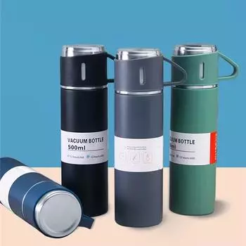 Термокружка из нержавеющей стали 304 объемом 500 мл, портативный термос, вакуумная бутылка, одна чашка, несколько крышек, подарочный набор в коробке, автомобильный стакан для воды 500ml чёрный