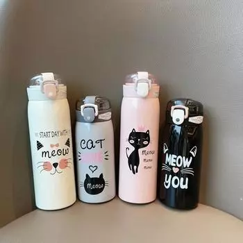 Термокружка из нержавеющей стали с изображением кота и соломинки, термокружка для детей 500ml серый