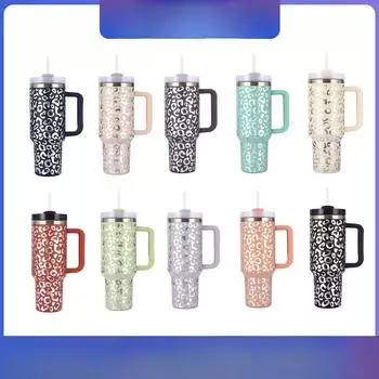 Термокружка с леопардовым принтом и ручкой из нержавеющей стали для автомобиля, большая емкость 40oz